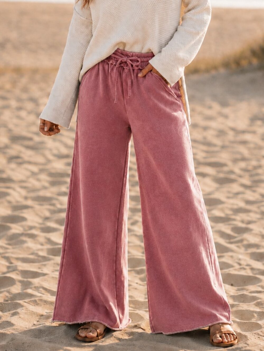 Zenana Mineral Wash Fleece Wide Leg Palazzo Sweatpants Dusty Rose Pink Boho Soft